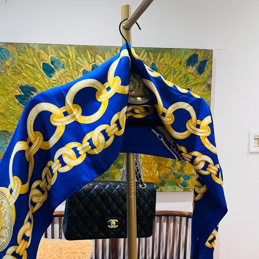 Bold Blue & Gold Chain Print Scarf
